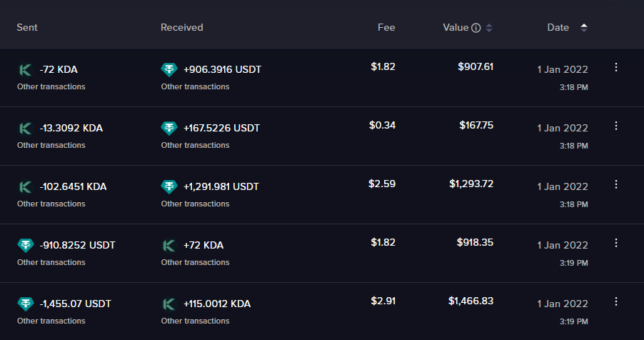 Transactions displayed in Cointracker