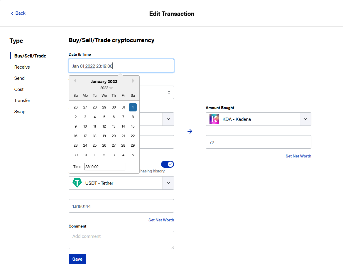 Editing transaction timestamps in Crypto.com