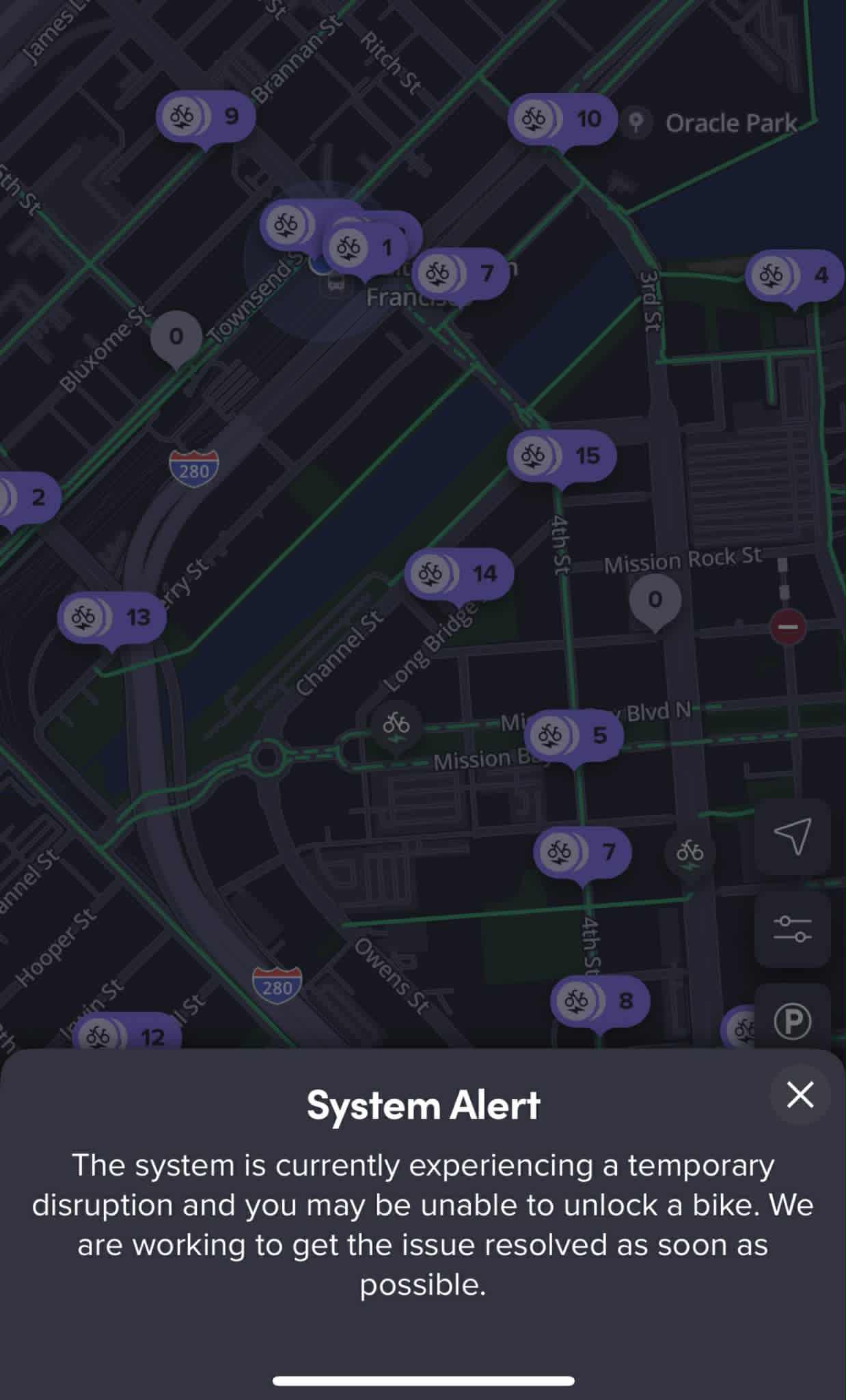Lyft app showing service outage notification