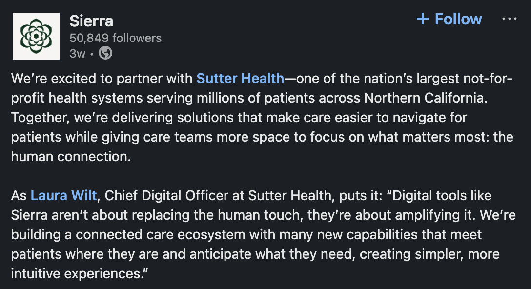 Screenshot from Sierra's LinkedIn announcement